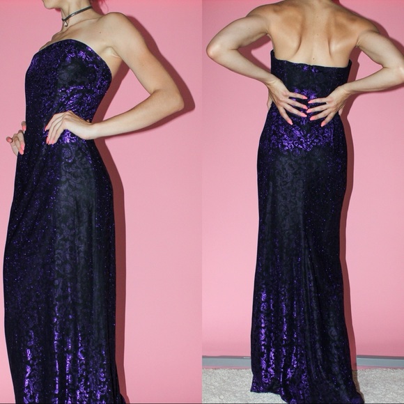 VTG 90s Gunne Sax Jessica McClintock Strapless Purple Floor-Length Cocktail Gown - Picture 3 of 9